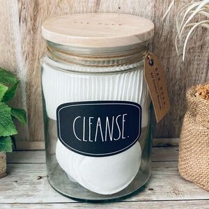 NWT Rae Dunn “CLEANSE” Clear Glass Jar Container with Wood Lid & 60 cotton balls